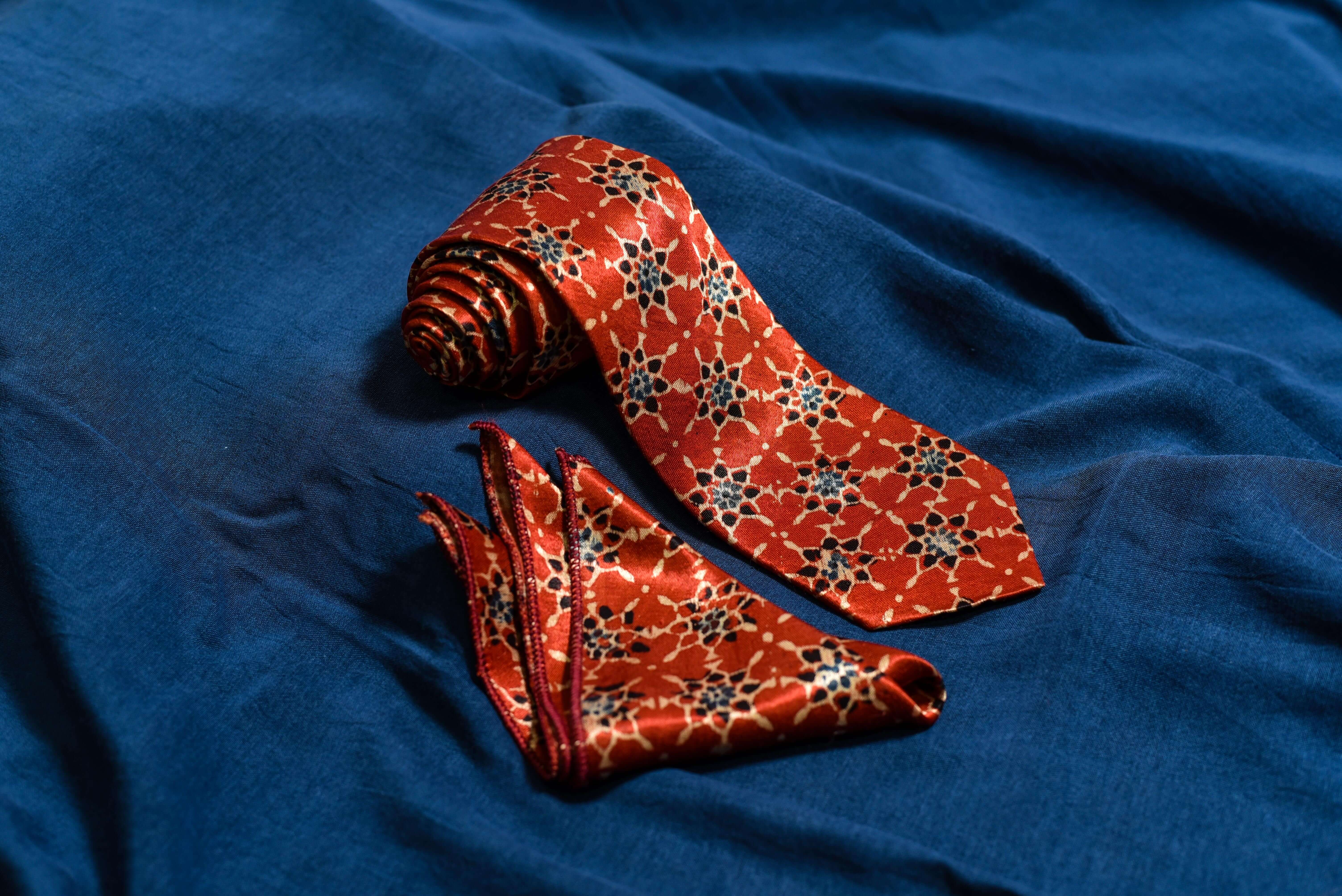 Handcrafted Red Ajarakh Mashru Silk Tie and Pocket Square | Haath Ka Bana