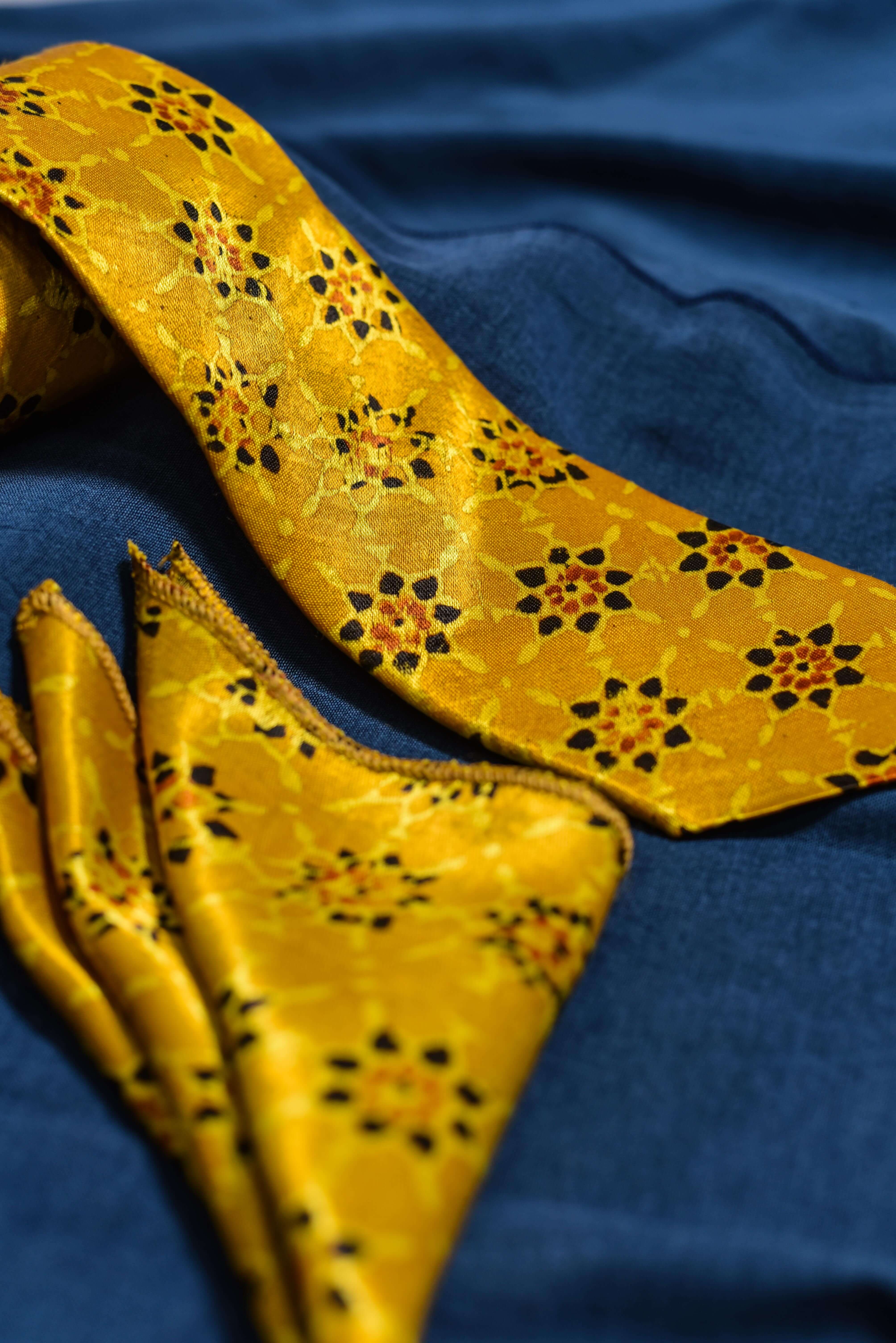 Handcrafted Yellow Ajarakh Mashru Silk Tie and Pocket Square | Haath Ka Bana